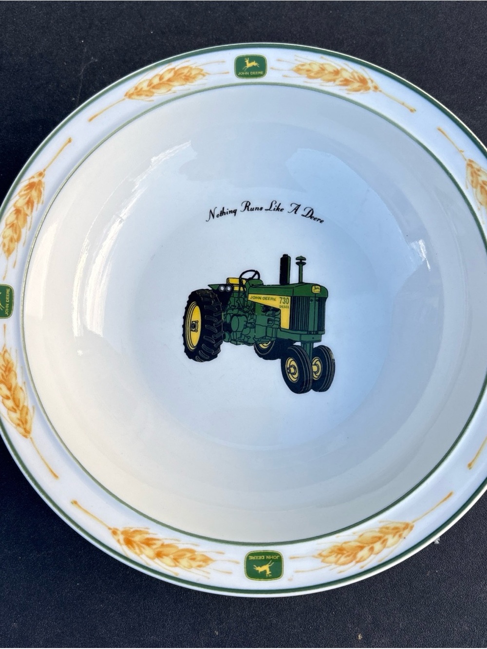 John Deere Green and Yellow Tractor Ceramic Serving Bowl with Wheat Motif